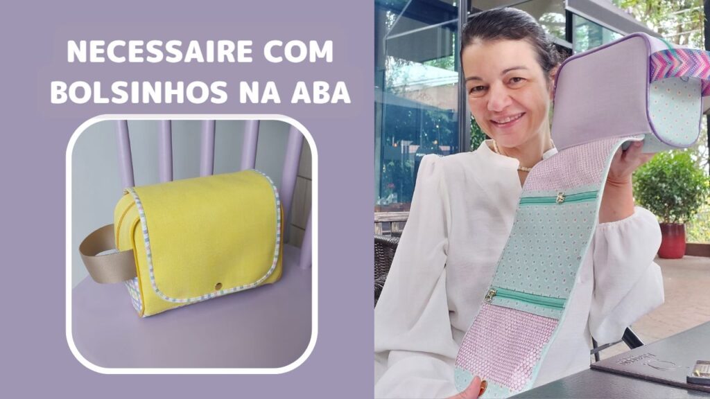 Artesã segurando uma versão colorida da necessaire com bolsinhos na aba